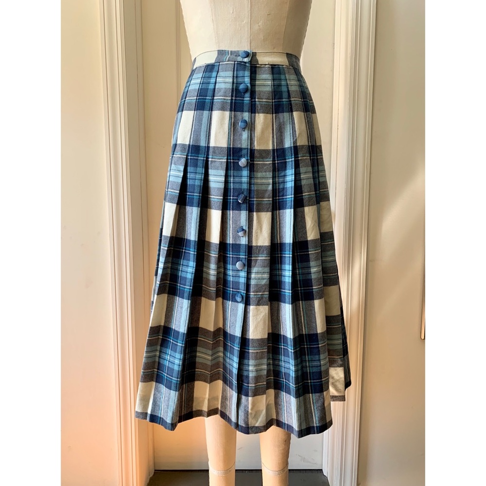 Vintage pleated button down plaid wool skirt